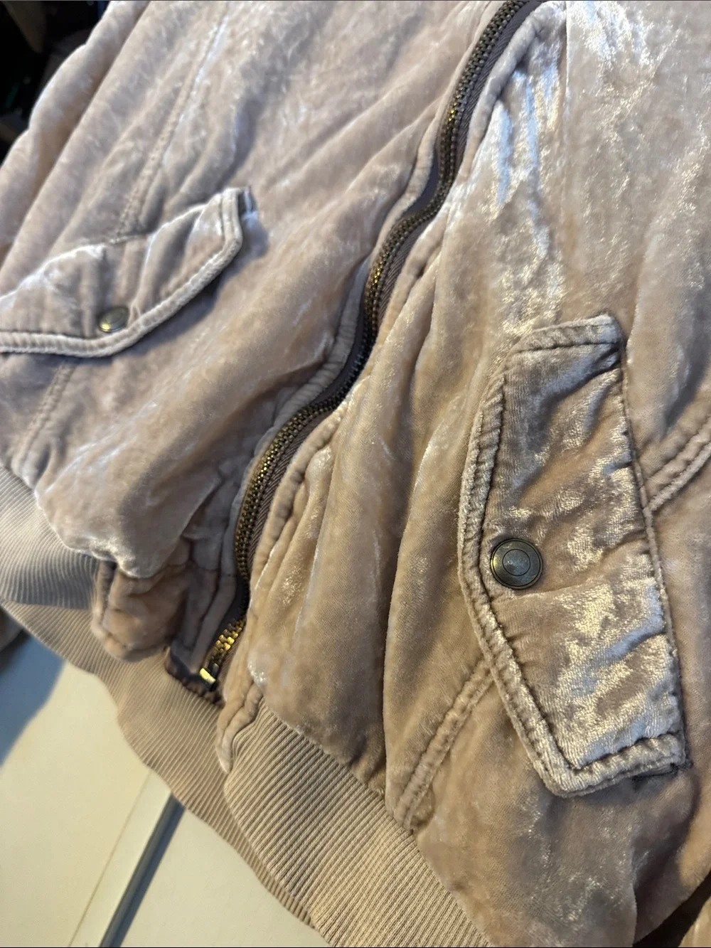 Free People Taupe Crushed Velvet Bomber Jacket